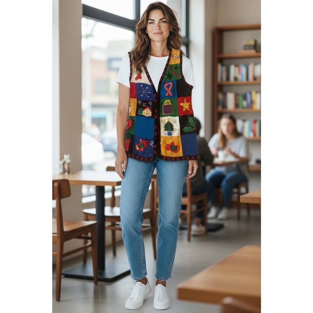 1980s BASIC EDITIONS Med Women’s Christmas Sweater Vest Snowman Patchwork Design